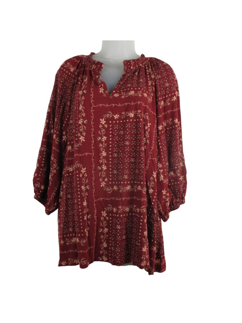Style & Co Merlot Floral Peasant Top 3X Cotton Smocked Neckline Blouse Boho